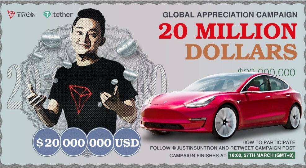 Justin Sun promove "airdrop" de um Tesla