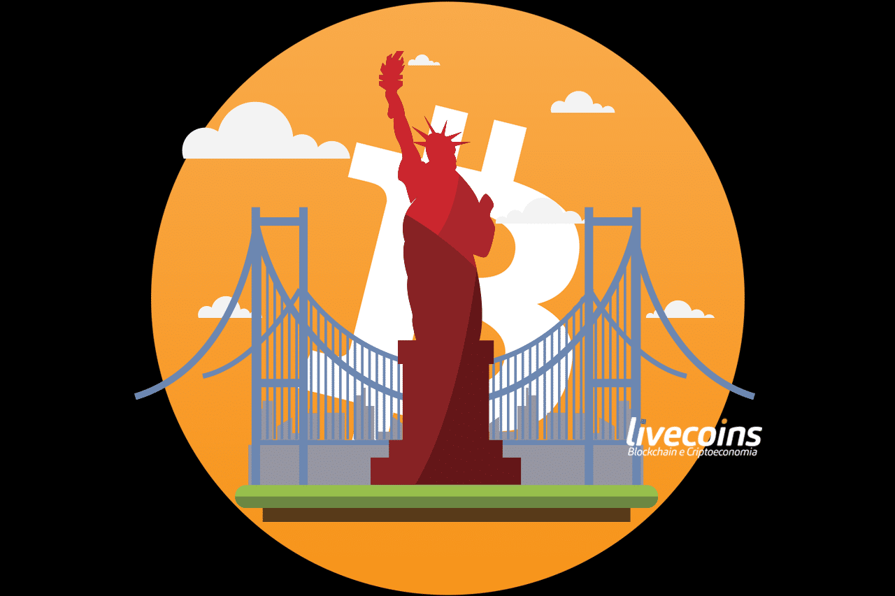 Bitcoin e Estátua da Liberdade nos EUA (Nova York)