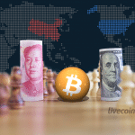 Moeda da China, Bitcoin e Moeda dos EUA em um tabuleiro de xadrez (criptomoeda)