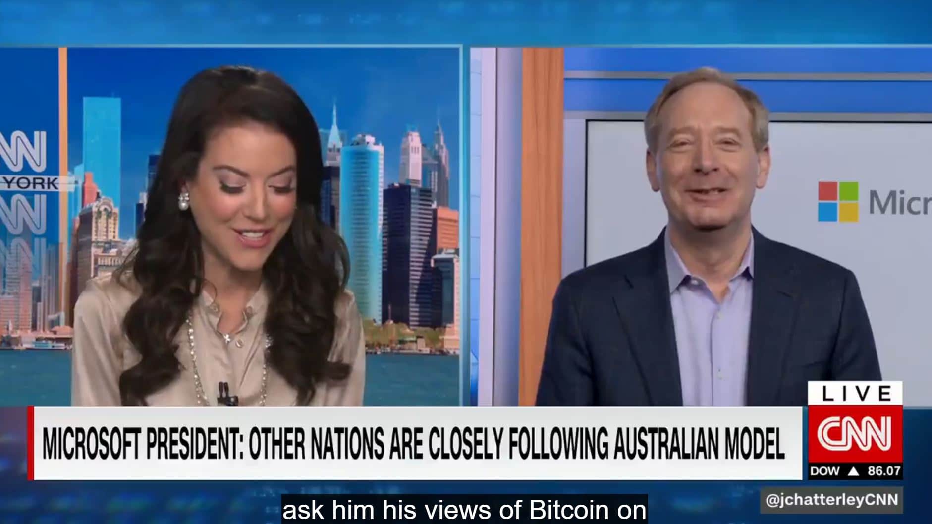Brad Smith, presidente da Microsoft diz em entrevista para a CNN que não tem planos de investir em bitcoin.