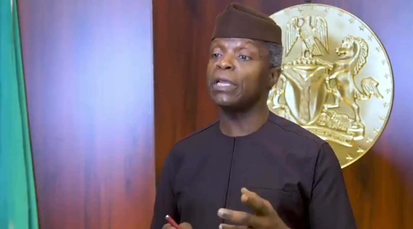 vice-presidente da Nigéria, Yemi Osinbajo, em seu discurso no CBN Bankers 'Committee Economic Summit. Imagem: Youtube