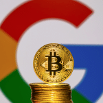 Bitcoin com logomarca do Google ao fundo. (Pixabay)