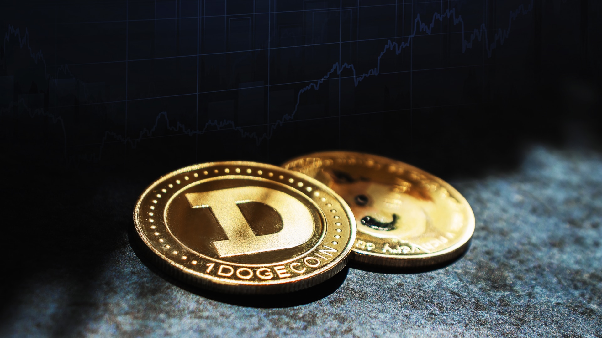Moedas de Dogecoin e gráfico ao fundo importante