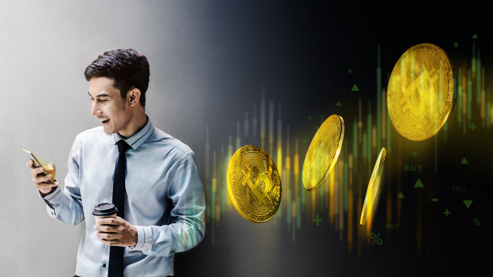 Homem feliz com alta do Bitcoin no mercado gráficos candles
