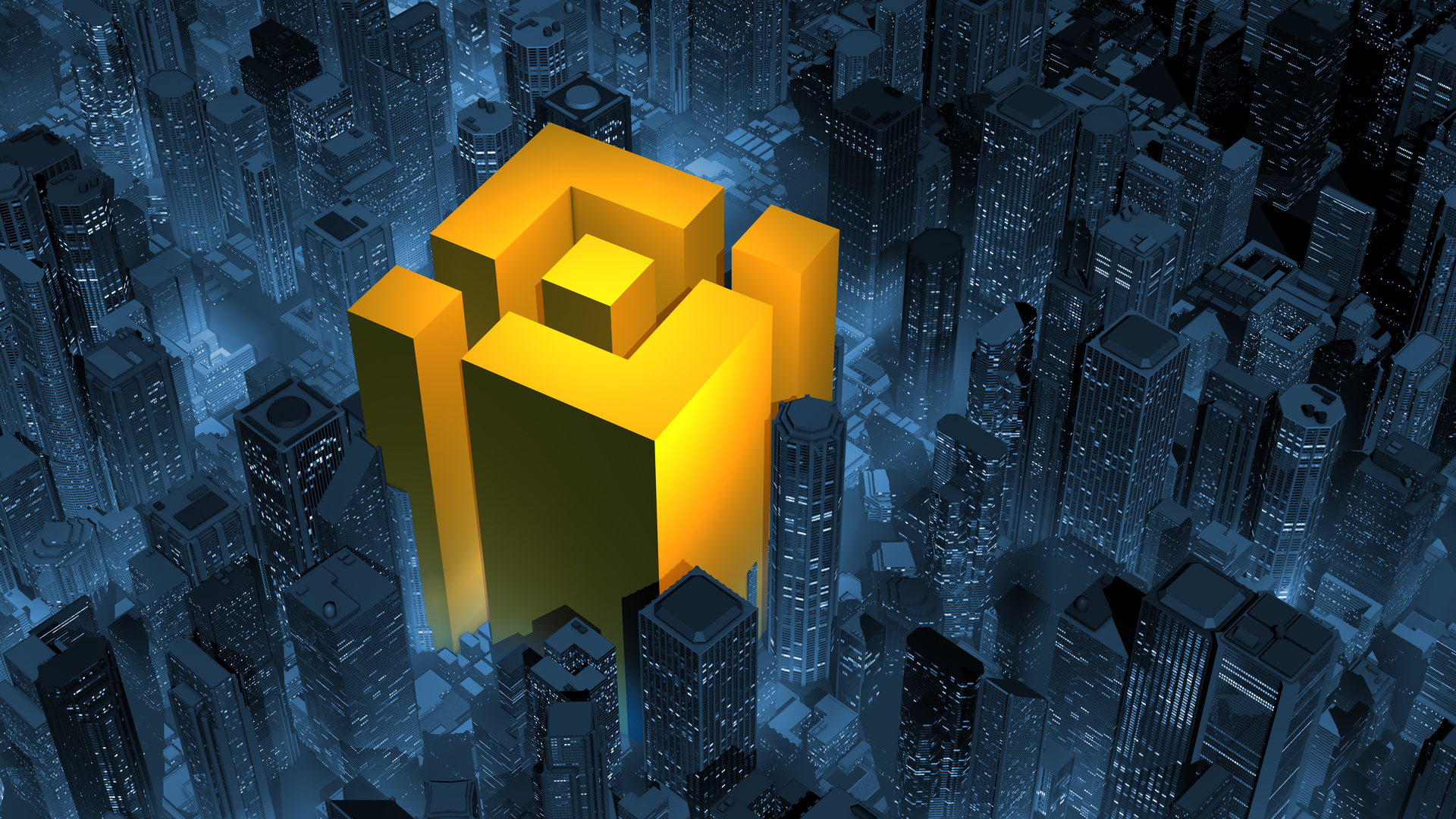 Símbolo da Binance em meio aos prédios sede endereço