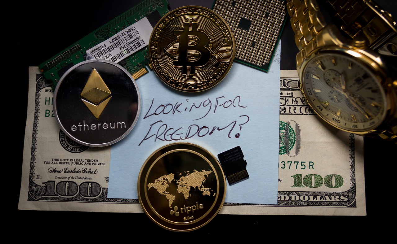 Criptomoedas próximas a uma folha com a frase Procurando por liberdade