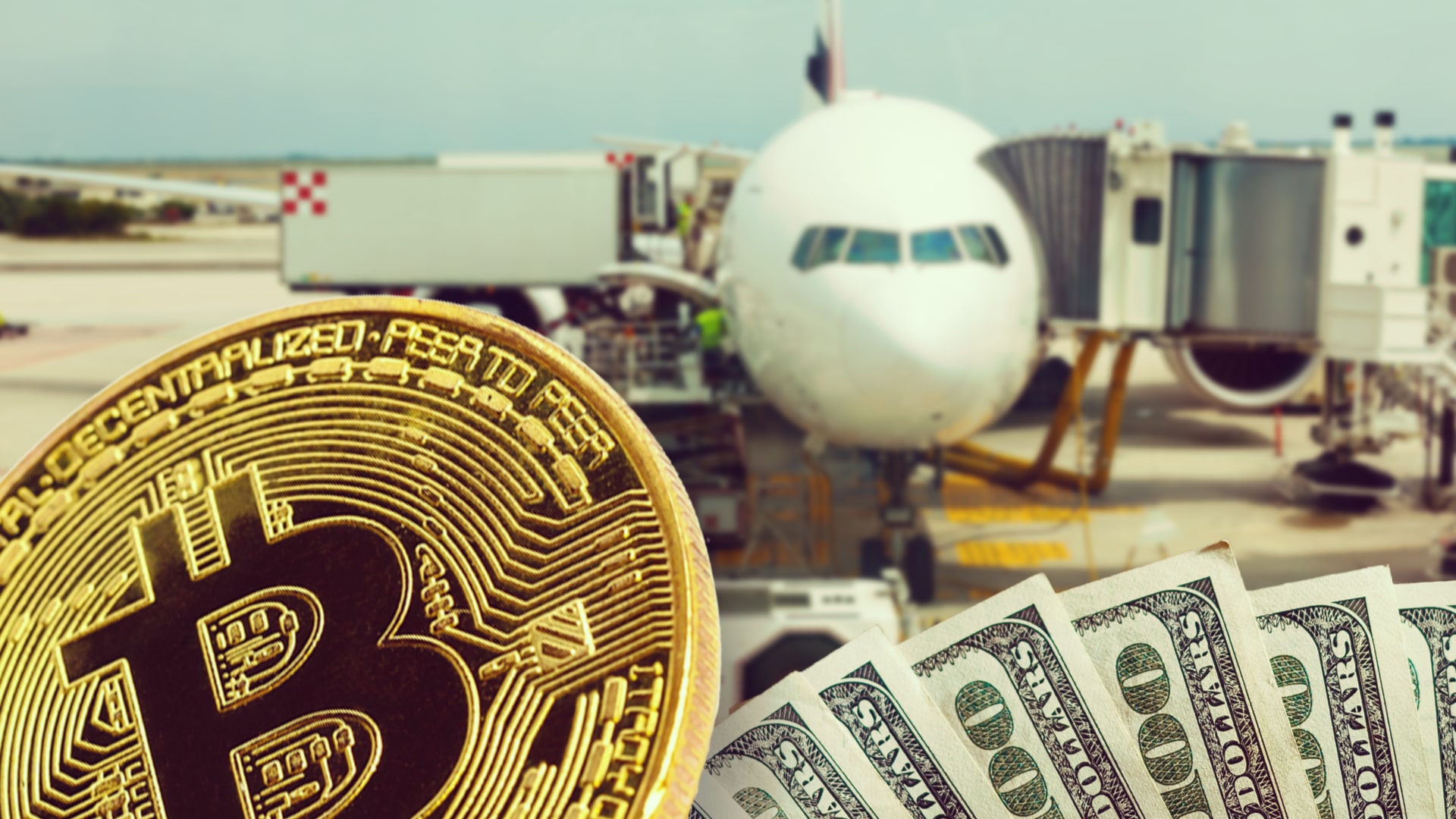 Avião, notas de Dólar e Bitcoin