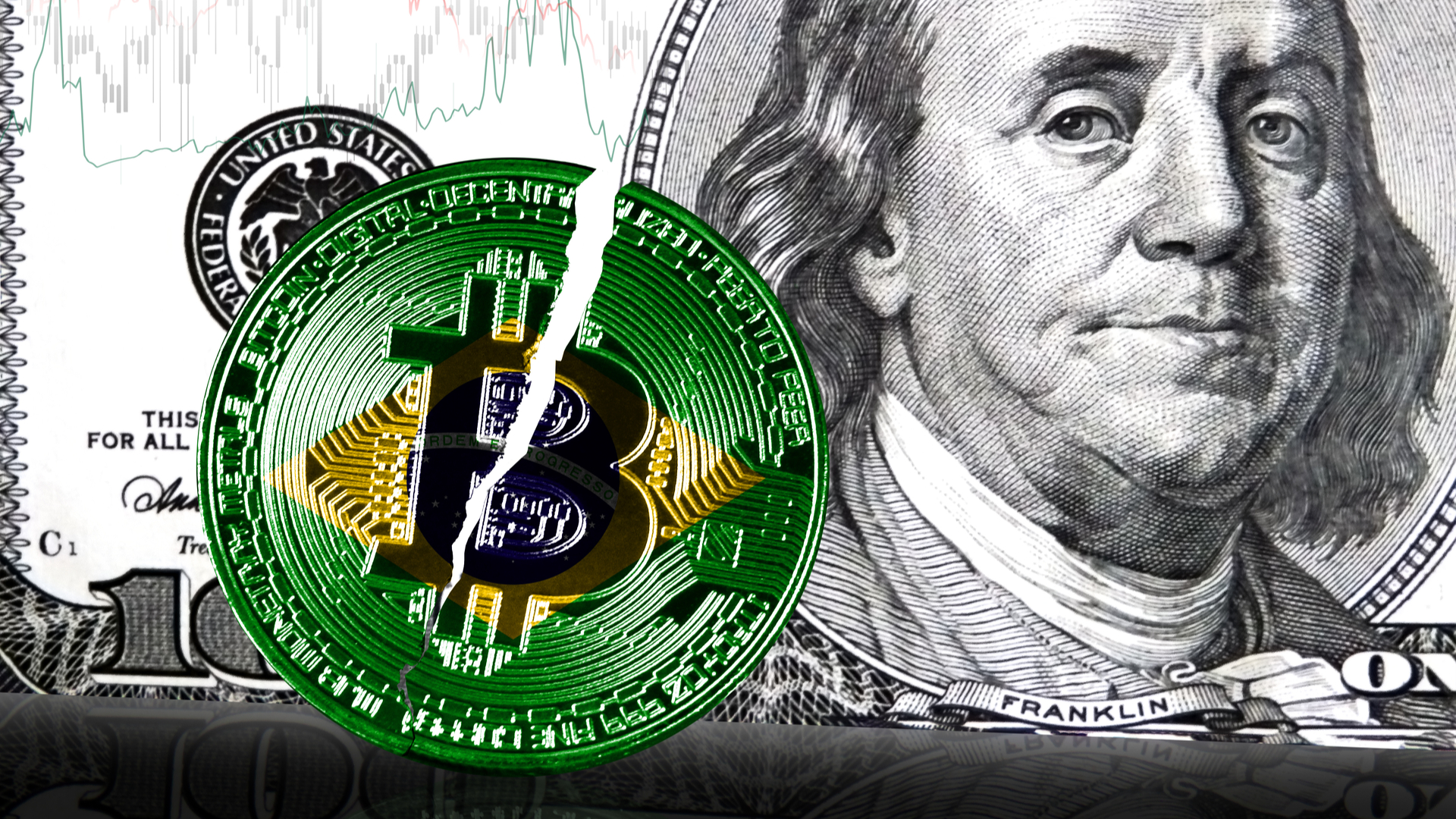 Moeda de Bitcoin com bandeira do Brasil quebrada e nota de Dólar dos EUA com gráfico ao fundo