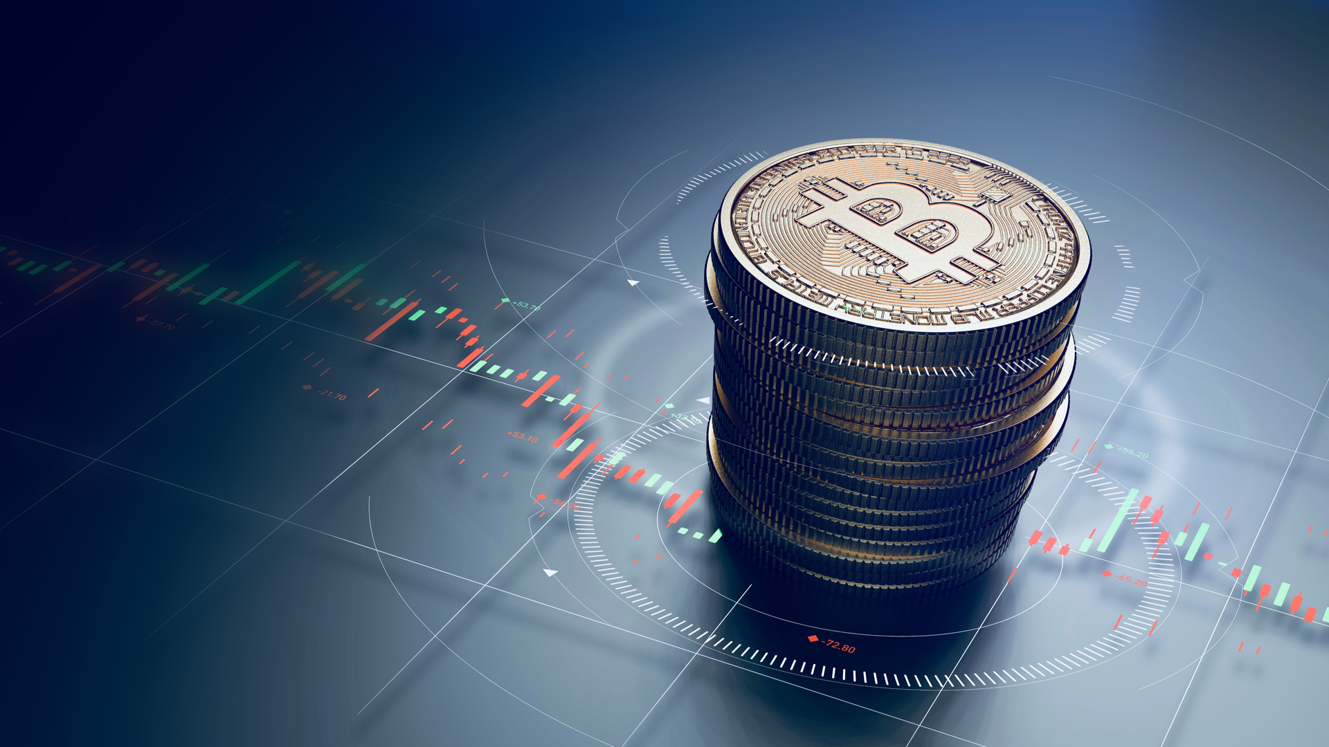 Pilha de Bitcoin em cima de gráfico de preço