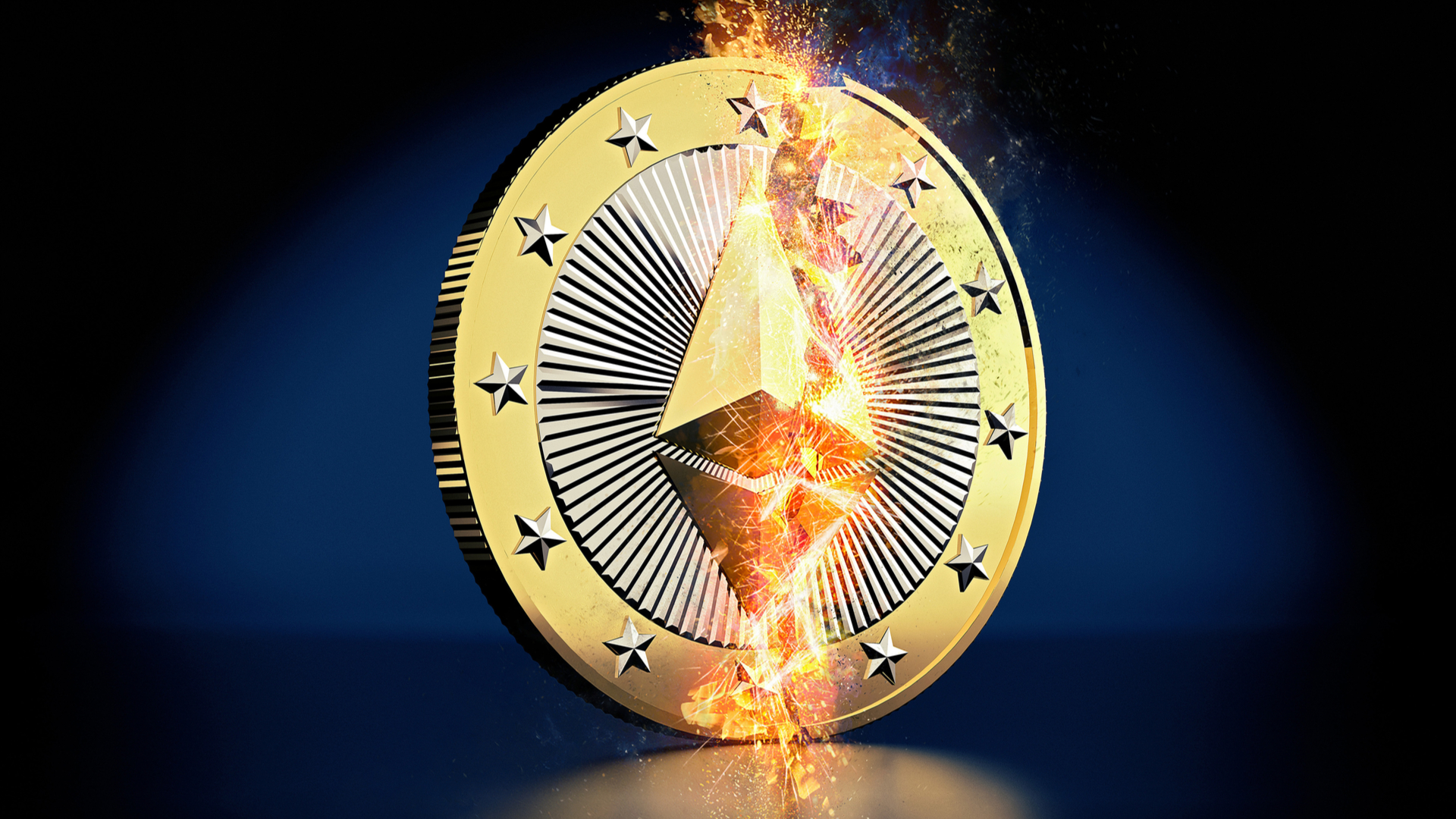 Criptomoeda Ethereum quebrada e pegando fogo