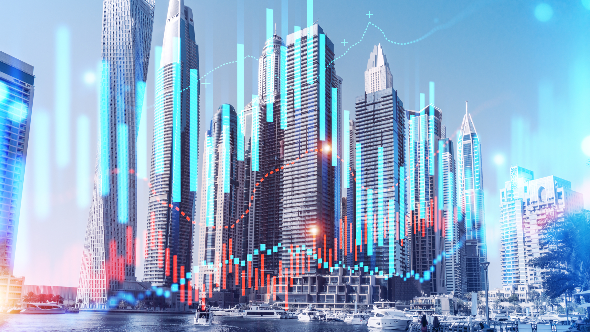 Prédios de Dubai e gráficos de negociações de corretoras