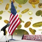 Bandeira dos Estados Unidos em discurso com chuva de Bitcoin