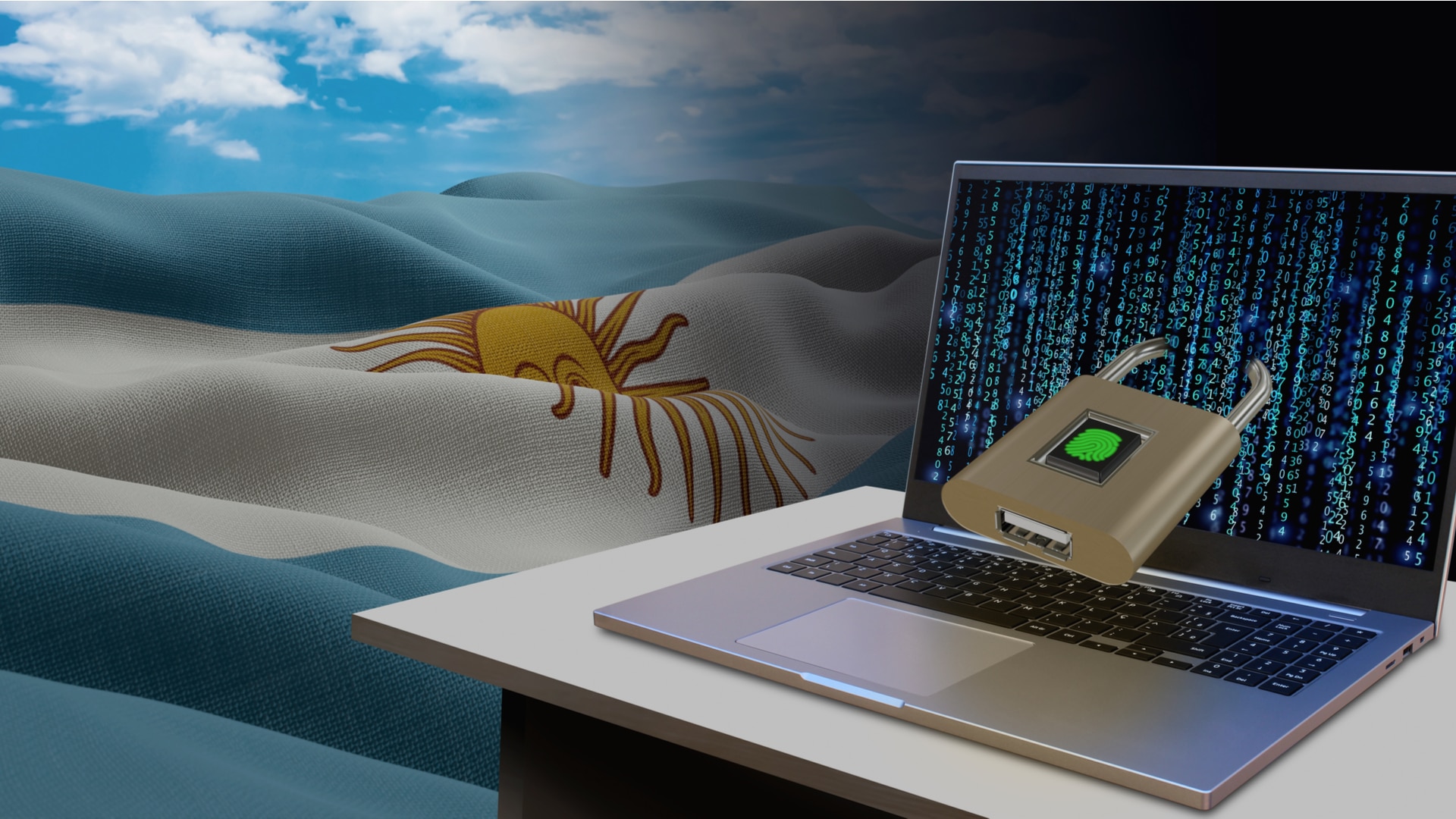 Computador bloqueado por ransomware e bandeira da Argentina