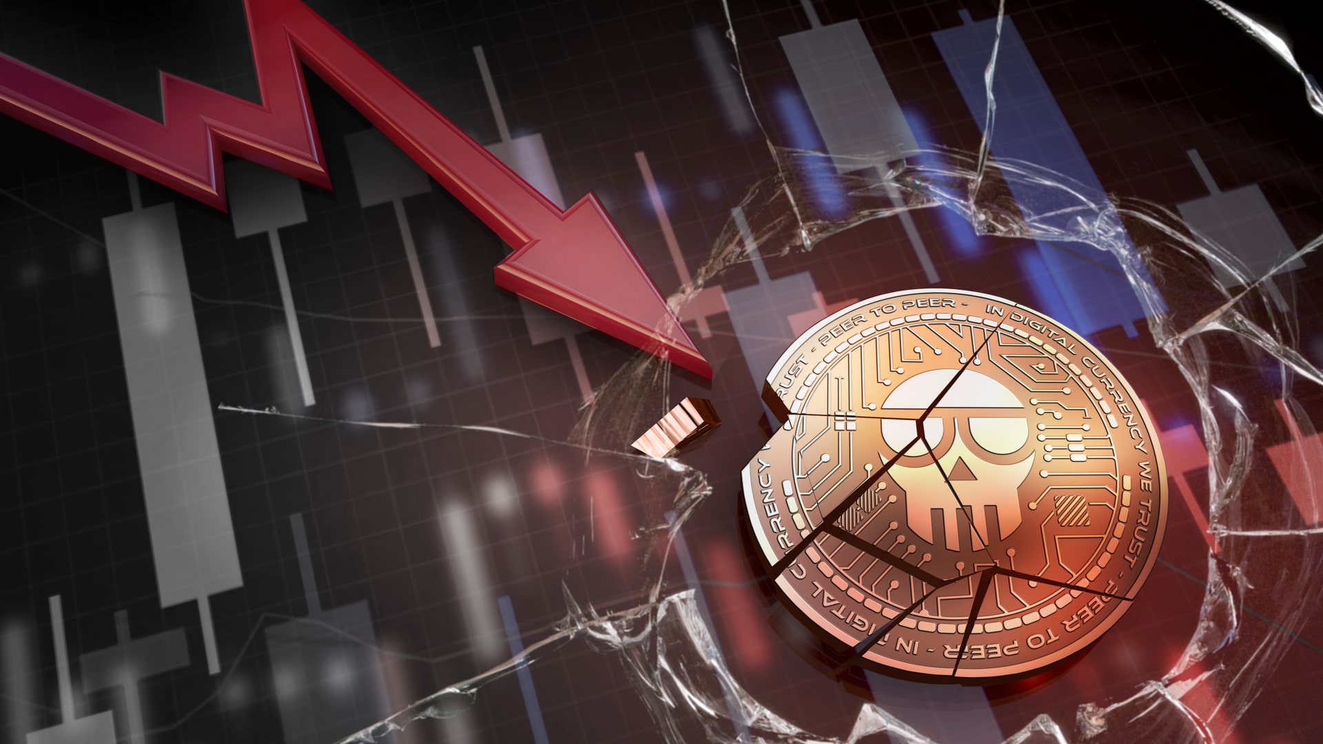 Criptomoeda SCAM, golpe, fraude, com gráfico em queda