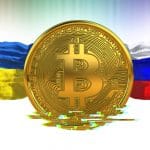 Bitcoin com bandeira da Ucrânia e da Rússia