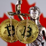 Símbolo da Justiça, Bitcoin e bandeira do Canadá.