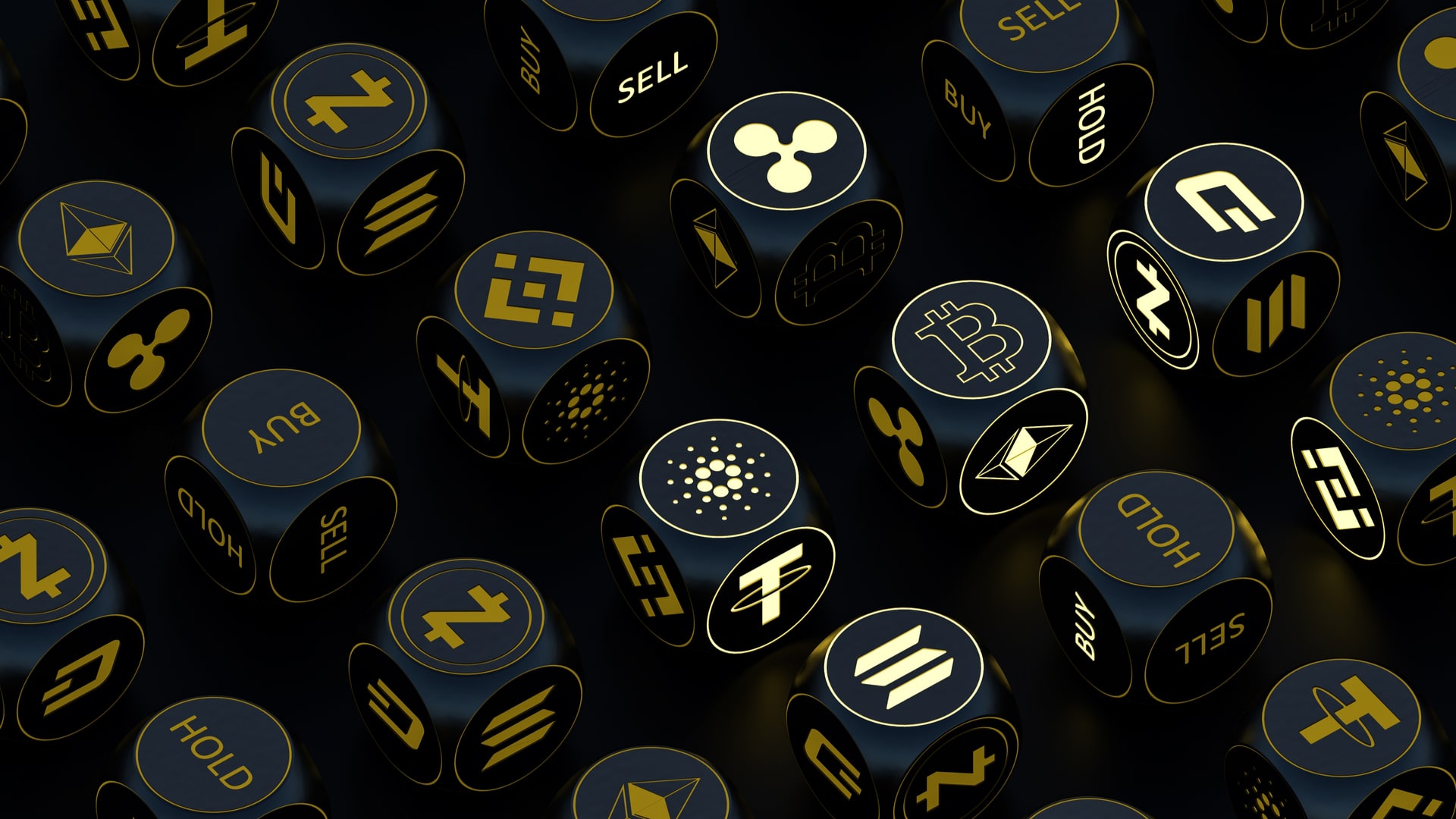 Dados de criptomoedas com símbolos de compra, venda, hold de Bitcoin, Binance Coin, Solana e outras criptomoedas
