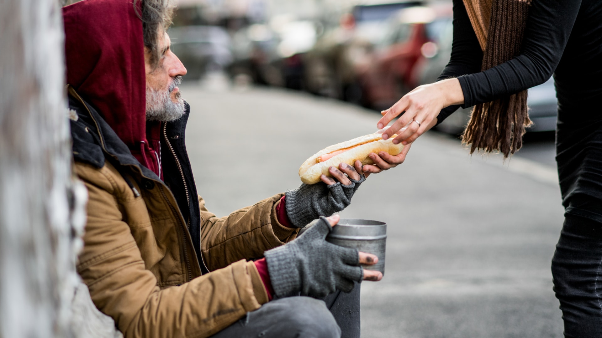 Mulher irreconhecível dando comida para mendigo sem-teto sentado na cidade
