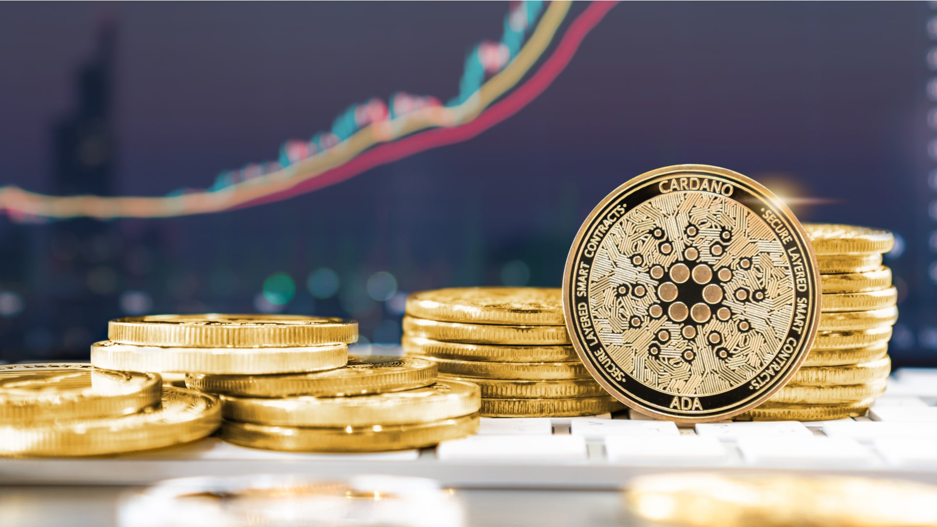 Cardano (ADA) em frente a gráfico com preço em alta.