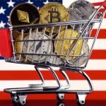 Bandeira dos EUA com carrinho de compras com criptomoedas como Bitcoin.