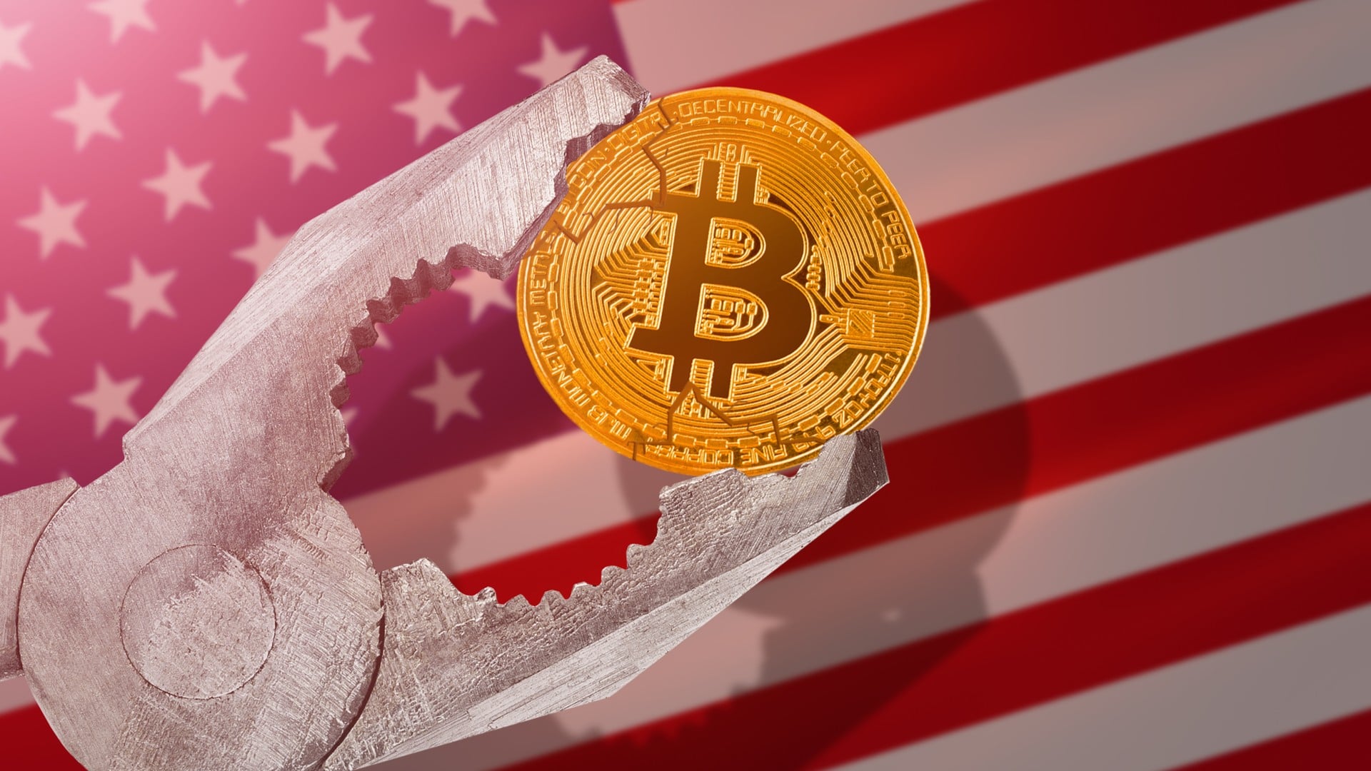 Bandeira dos EUA ao fundo com criptomoeda Bitcoin sob pressão na frente