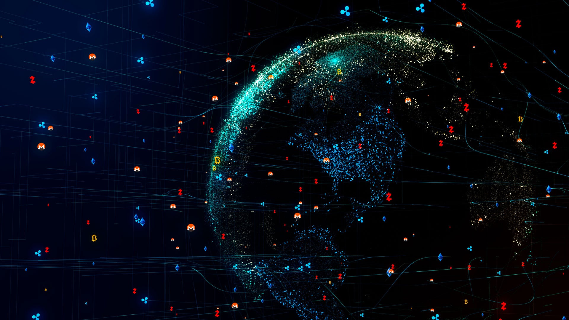 Mundo com diversas criptomoedas.