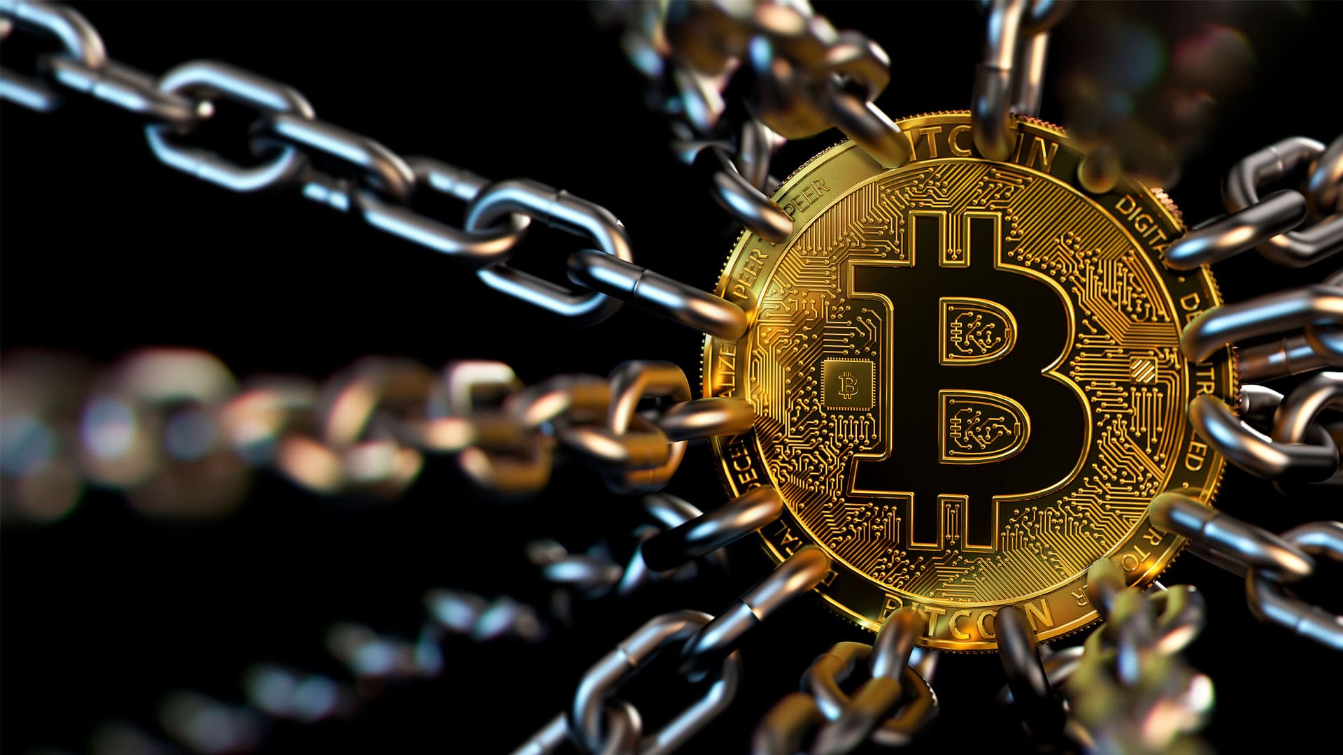 Criptomoeda Bitcoin presa a correntes, simbolizando regulamentação do setor.