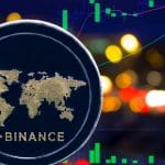 Logotipo da Binance em moeda, em frente à exchange.