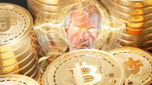 Michael Saylor, fundador e CEO da MicroStrategy, e moedas de Bitcoin.