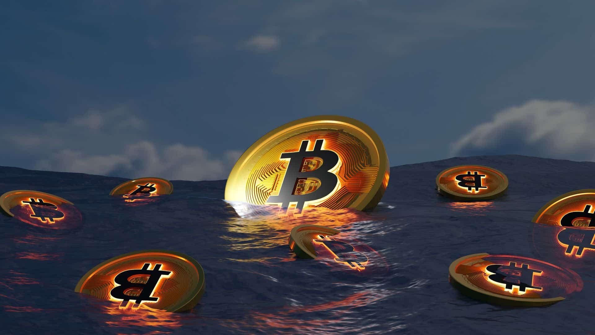 Moedas de Bitcoin boiando no mar.