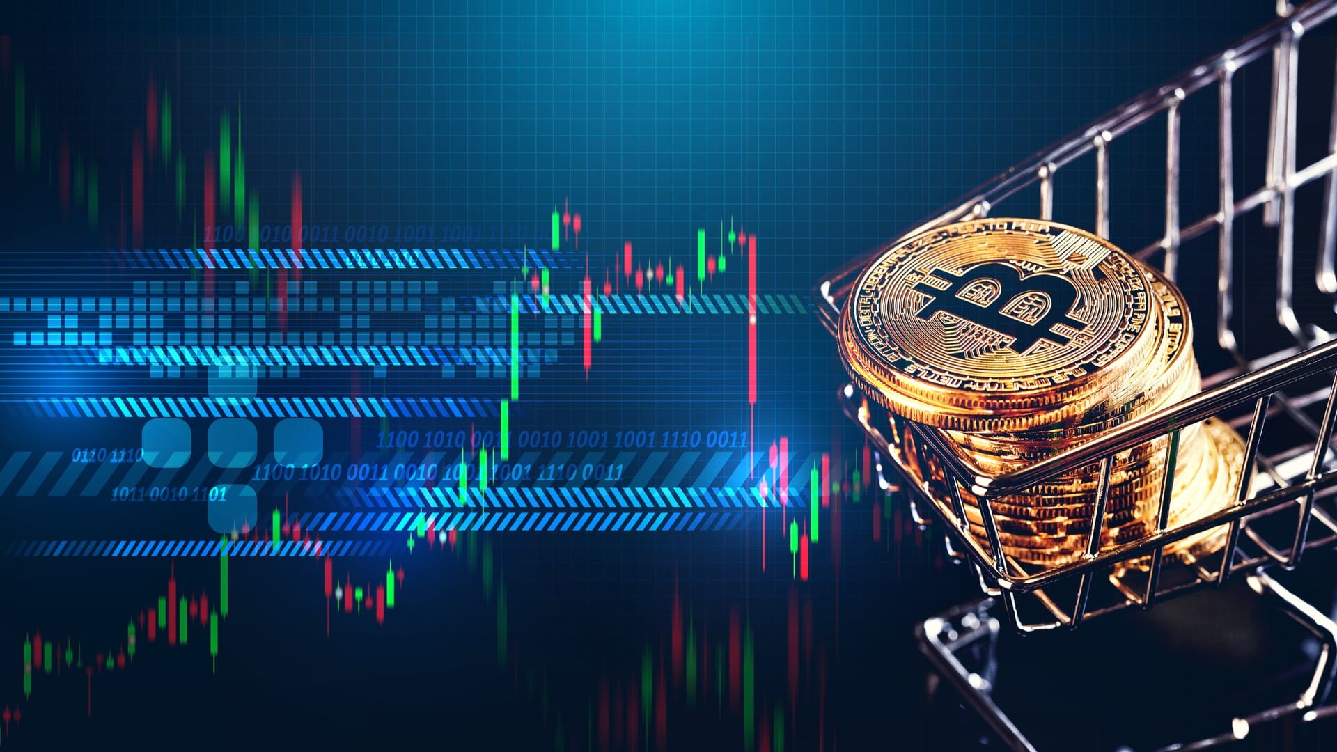 Carrinho de compras de Bitcoin ao lado de gráficos