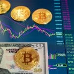 Nota de dólar e moedas de Bitcoin sobre exchange de criptomoedas.