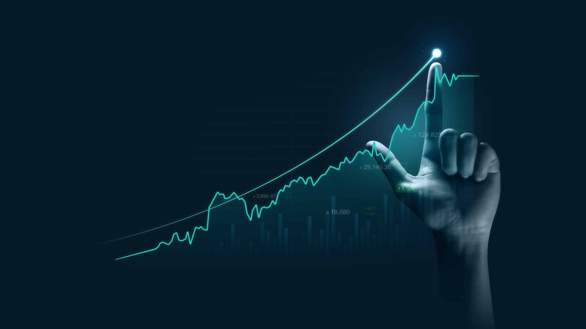 Mão no metaverso traçando gráfico de preços
