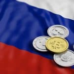 Criptomoedas sobre bandeira da Rússia.