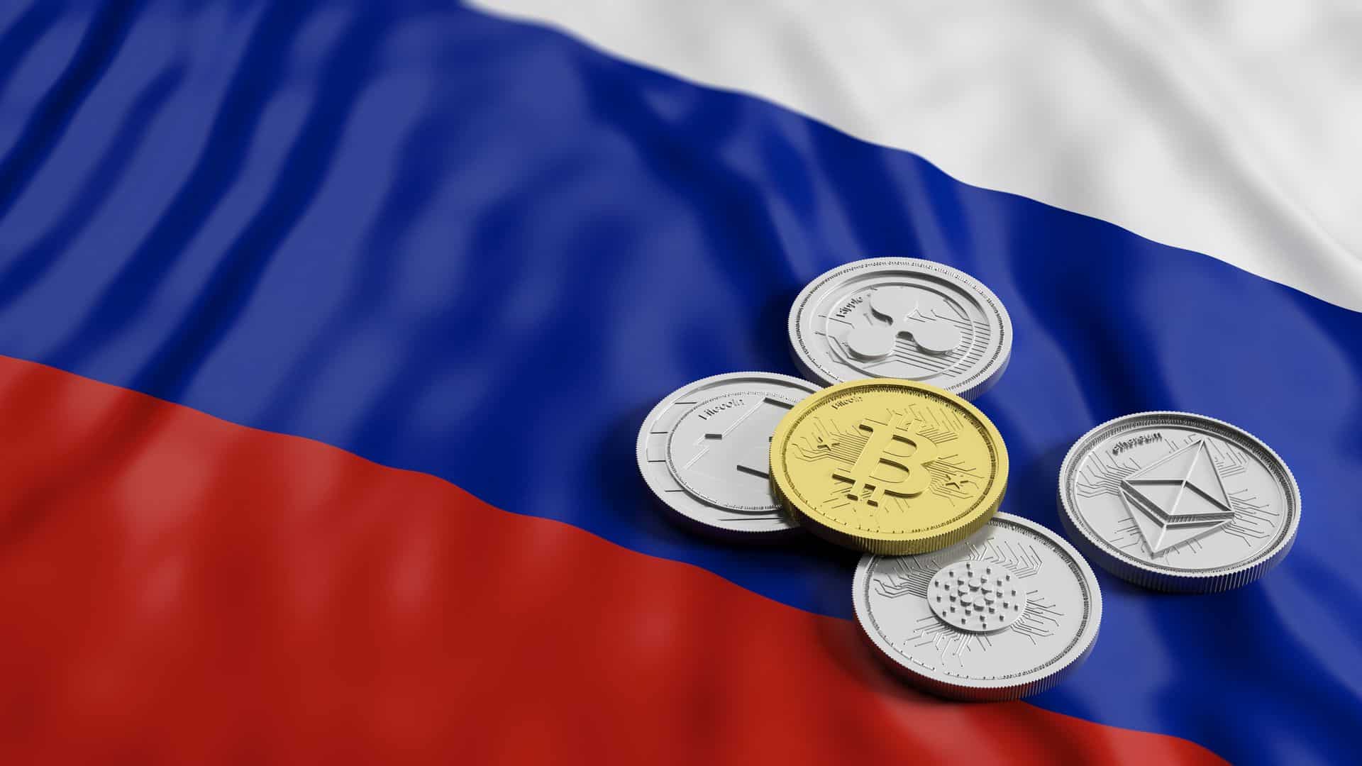 Criptomoedas sobre bandeira da Rússia.