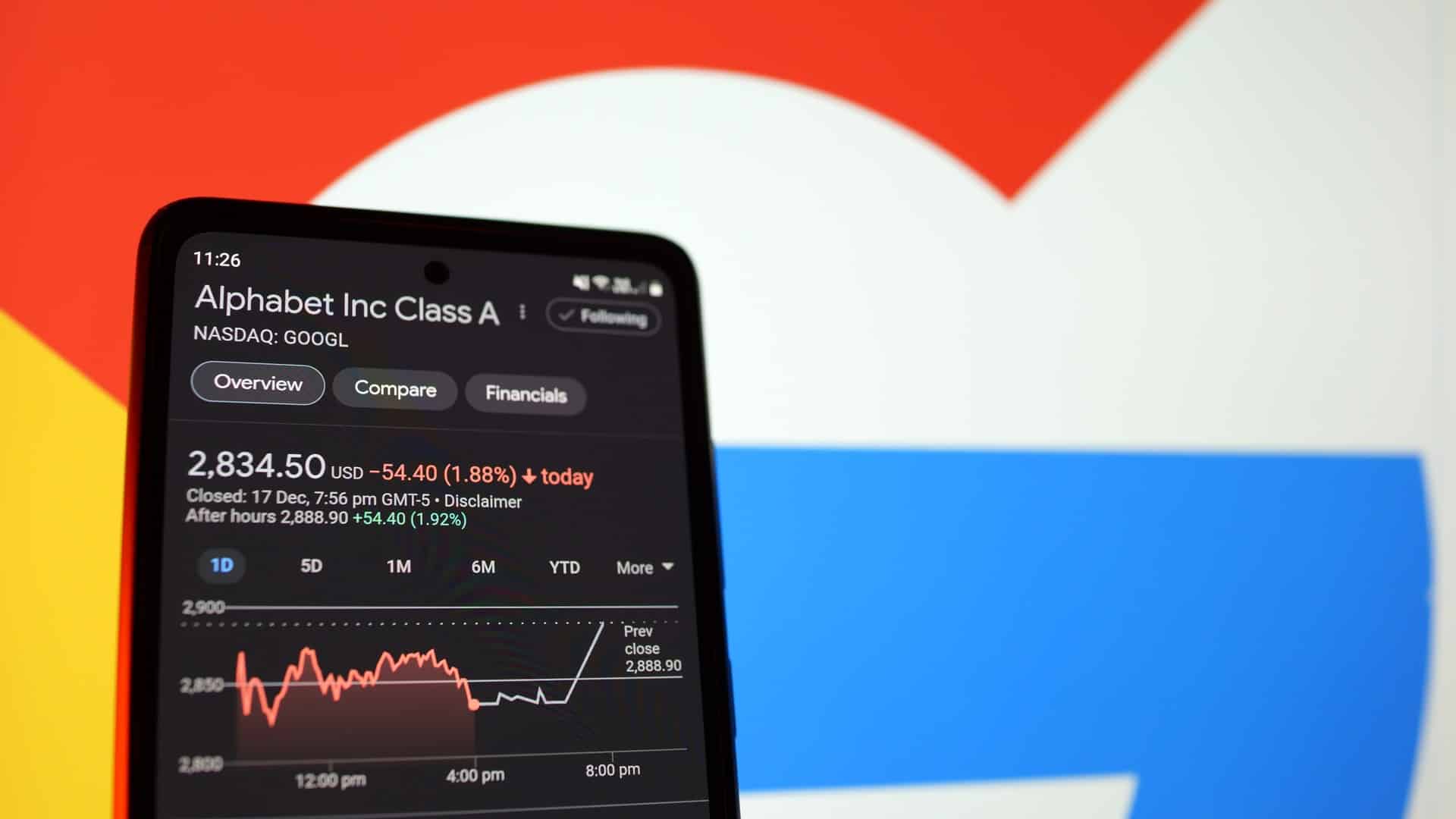 Aplicativo com ações do Google na bolsa em aberto, logo da empresa ao fundo