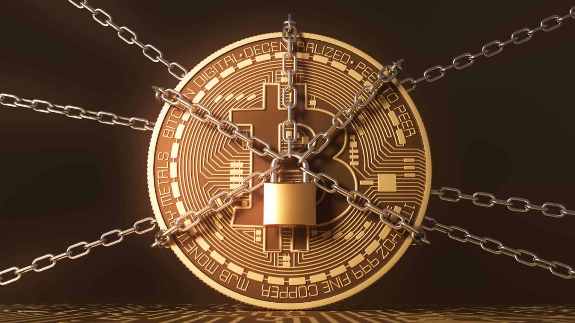 Bitcoin preso por correntes.