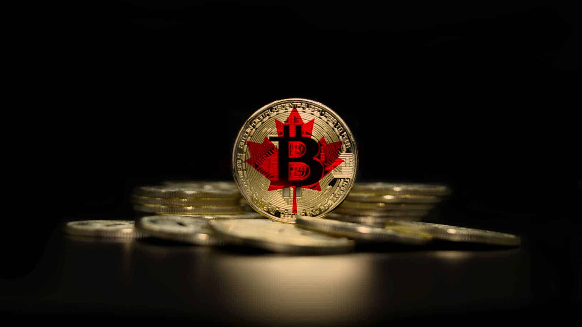 Bandeira do Canadá em moeda de Bitcoin.