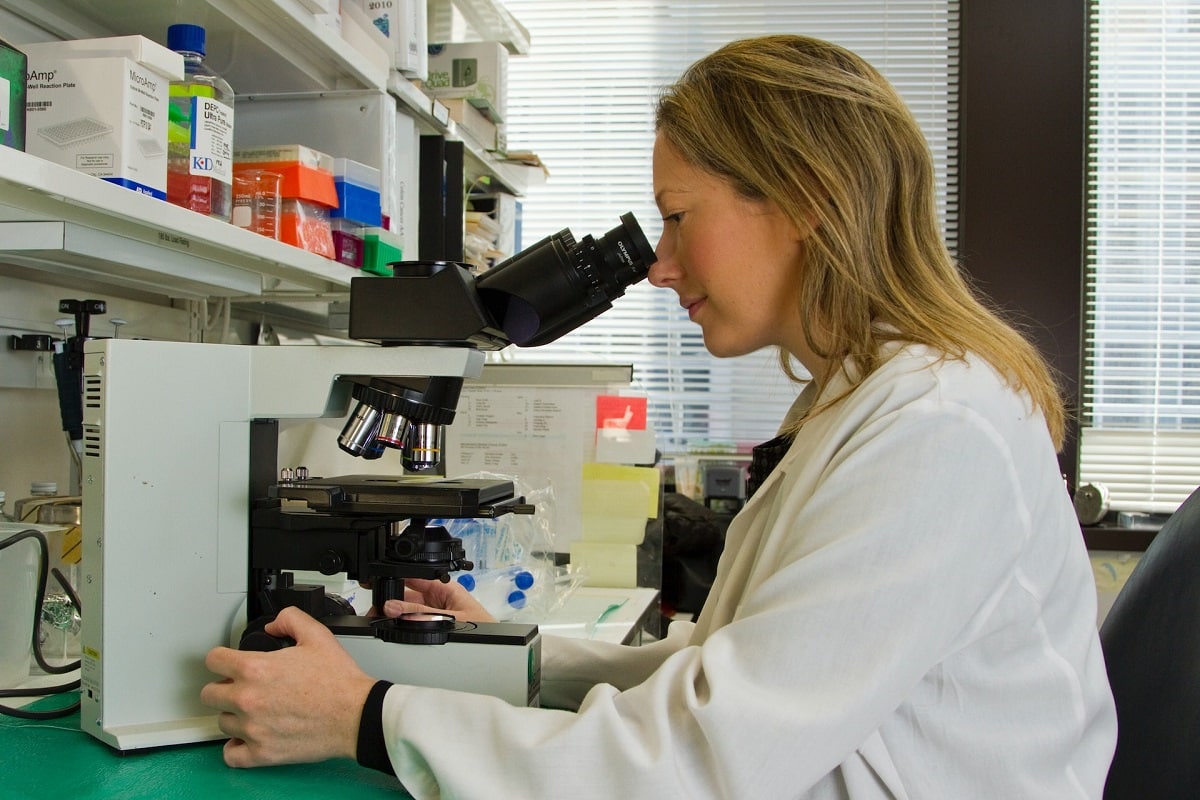 Pesquisadora analisando amostras em laboratório