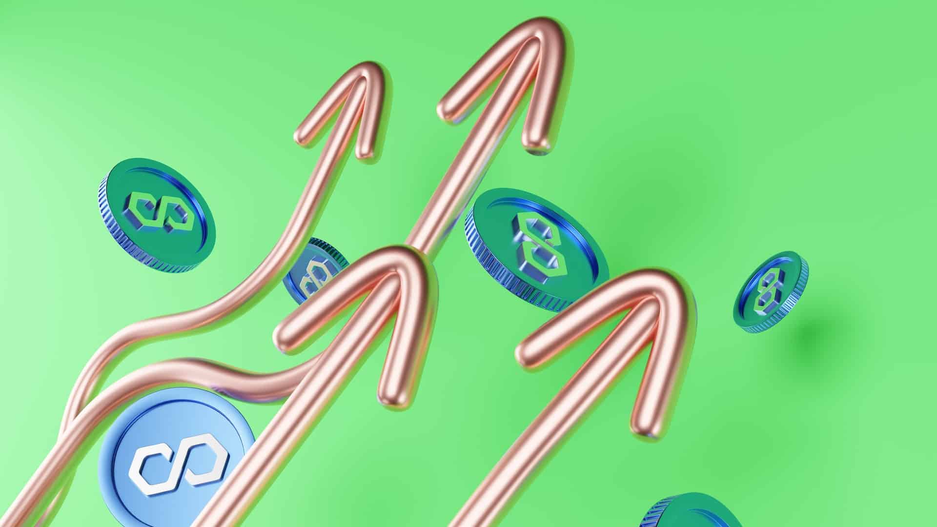 Setas apontando para cima ao lado de criptomoedas Polygon MATIC