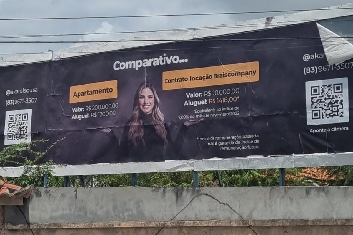 Broker da Braiscompany divulgou empresa por meio de outdoor em Campina Grande, comparando investimentos na empresa com a compra de um apartamento