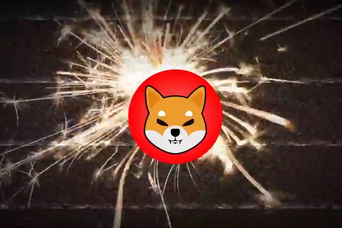Símbolo da Shiba Inu com faíscas ao fundo