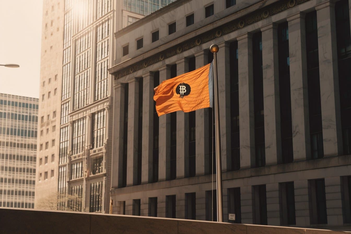 Bandeira do Bitcoin em distrito bancário. Midjourney.