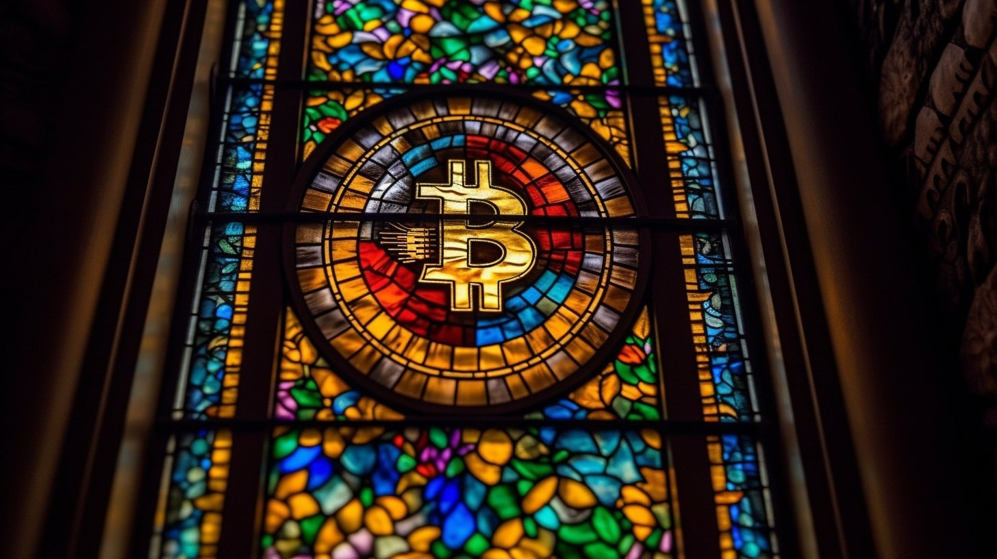 Bitcoin em vitral. Midjourney.