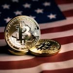 Moedas de Bitcoin sobre bandeira dos EUA. Midjourney.