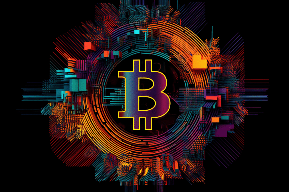 Bitcoin com cores coloridas em volta
