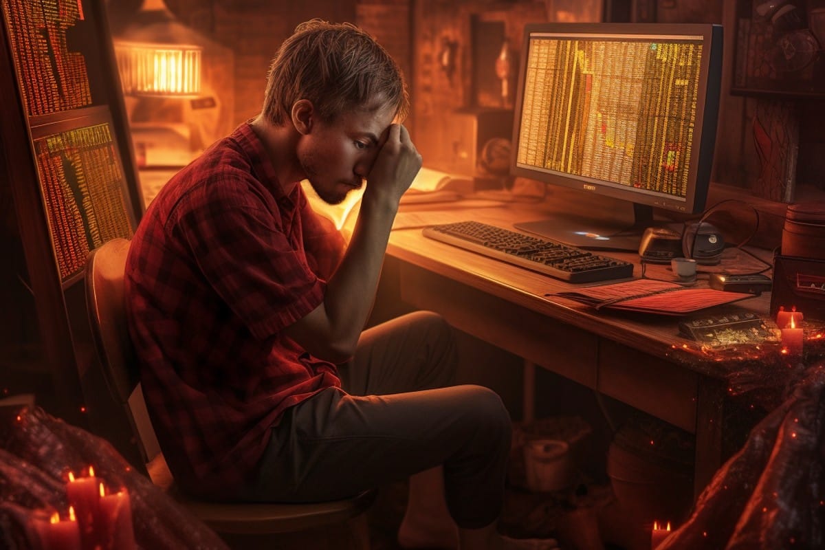 Trader triste com resultados ruins do mercado de criptomoedas
