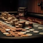 Criptomoedas sobre mesa de jogos de azar. Midjourney.
