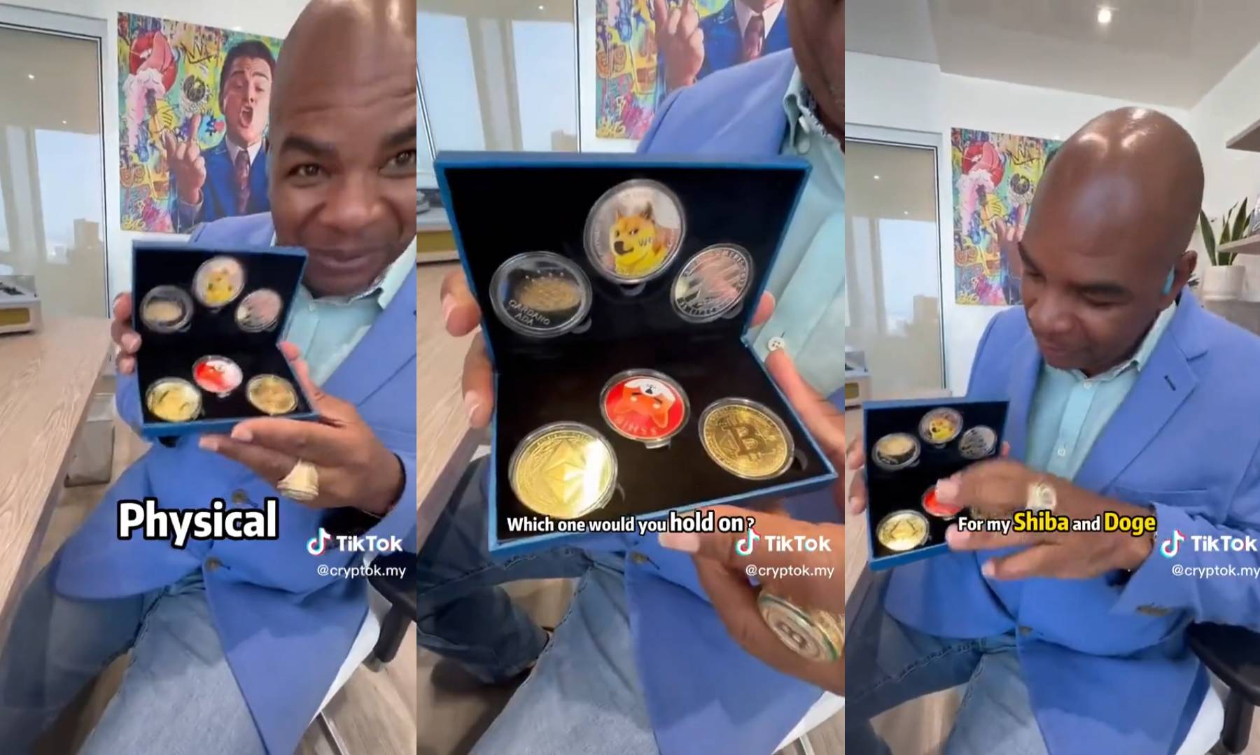 Davinci Jeremie mostrando sua coleção de criptomoedas físicas.