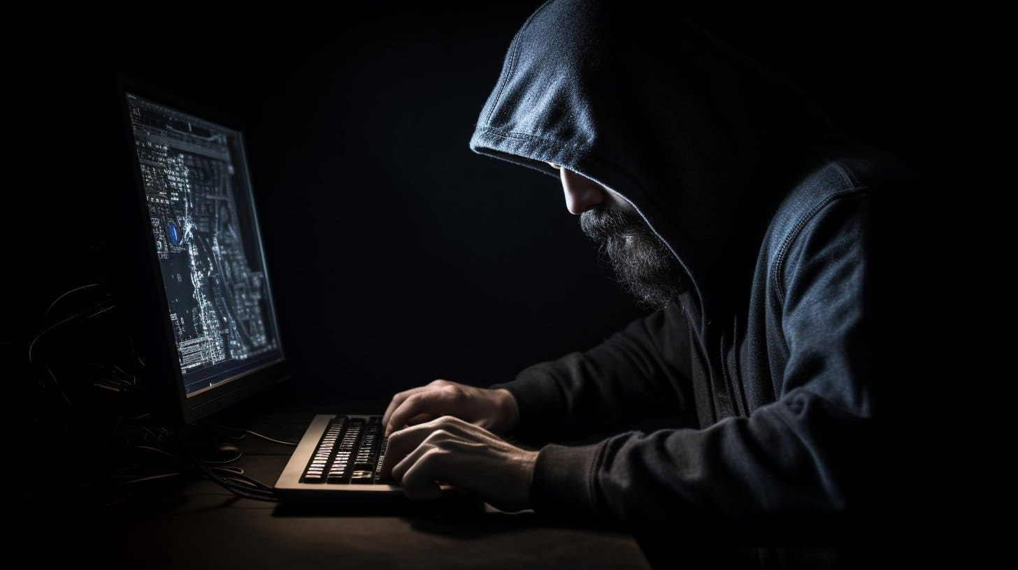 Hacker trabalhando em seu computador. Midjourney.